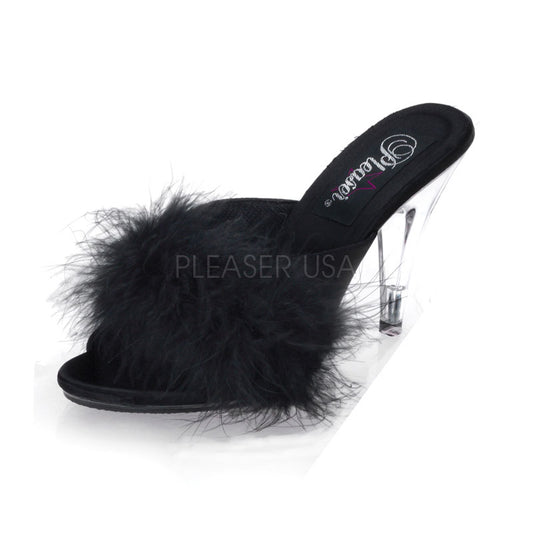 Pleaser CAR401 Black Satin/Fur/Clr Sexy Shoes Discontinued Sale Stock