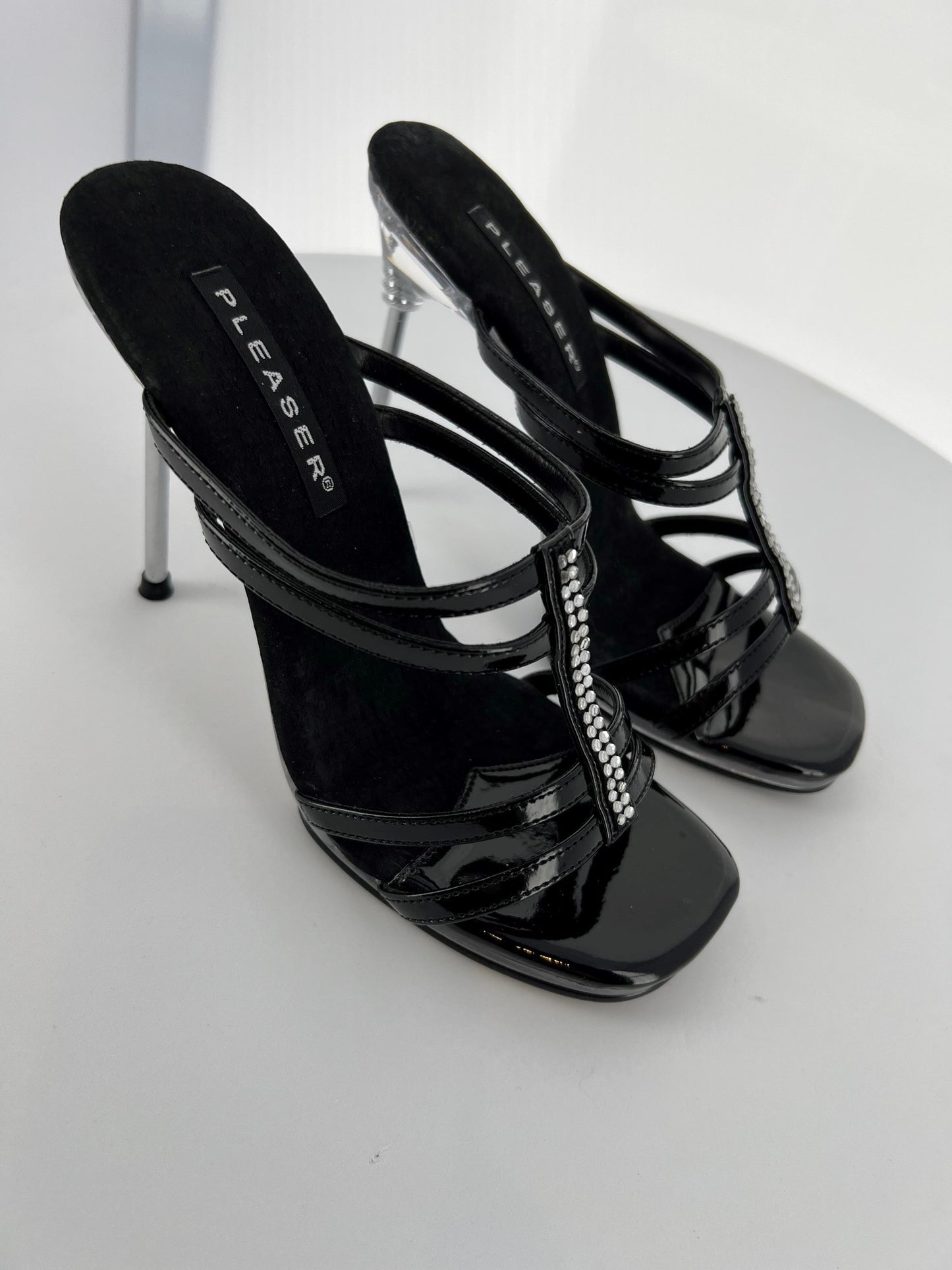 CHIC-04 Pleaser Blk Patent Clear High Heel Alternative Footwear Discontinued Sale Stock