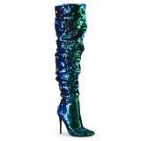 Green Sequins 5 Inch Submissive Thigh Length Boots -  Pleaser COURTLY-3011