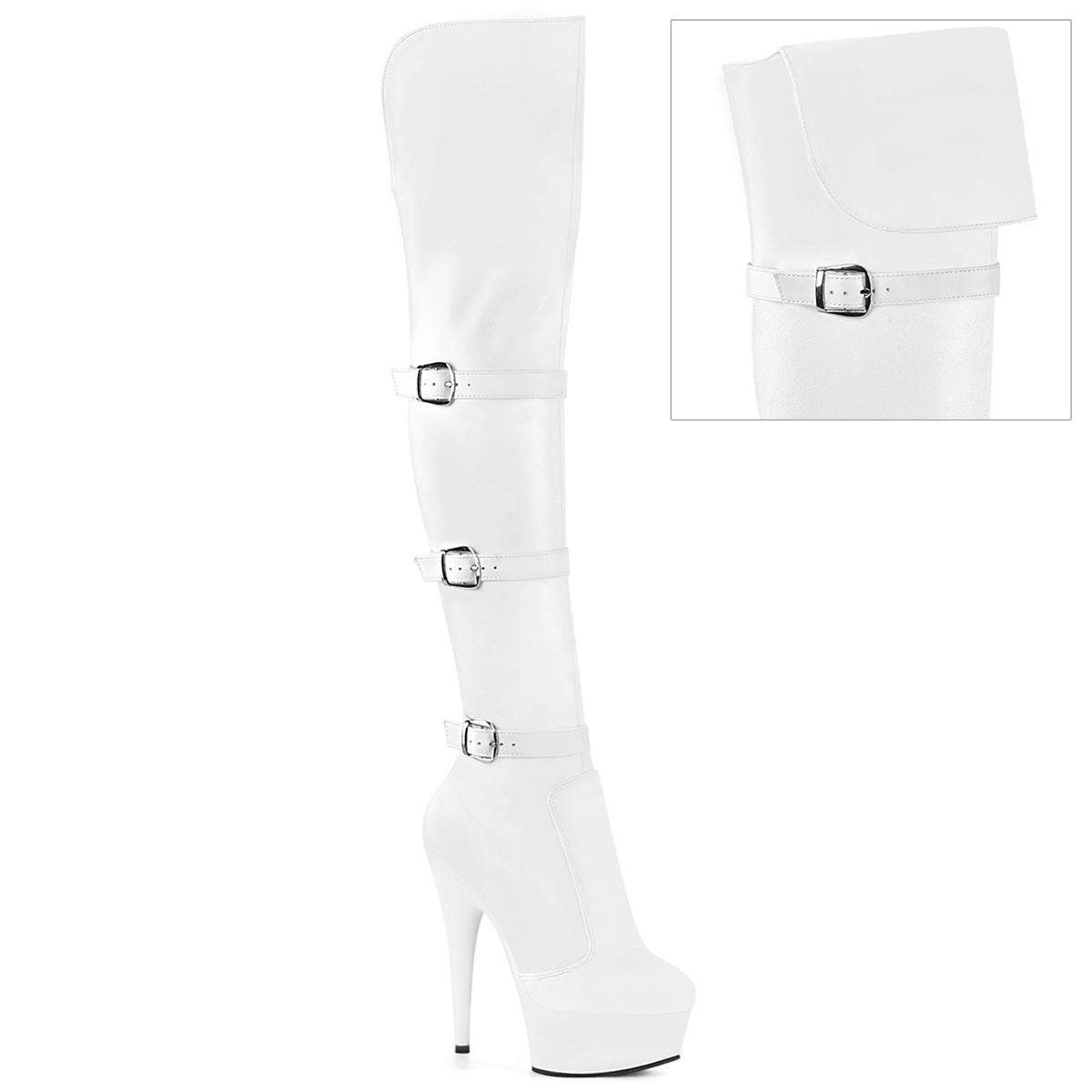 DELIGHT-3018 Pleaser Sexy White Matte Thigh High Boots with Buckles