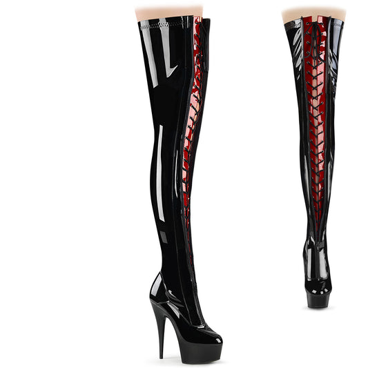 DELIGHT-3027 Pleaser Thigh High Boots Blk-Red Str. Pat/Black Platforms (Exotic Dancing)
