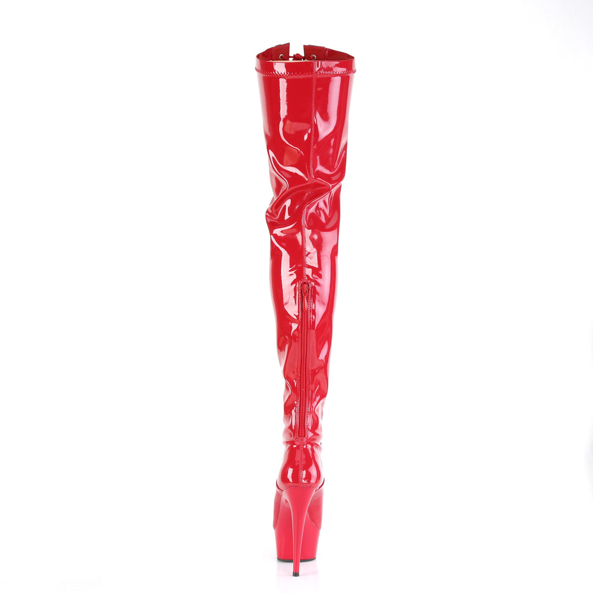 DELIGHT-3027 Pleaser Thigh High Boots Red-Black Str. Pat/Red Platforms (Exotic Dancing)