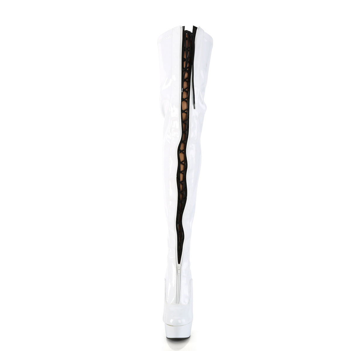 DELIGHT-3027 Pleaser Thigh High Boots Wht-Black Str. Pat/White Platforms (Exotic Dancing)
