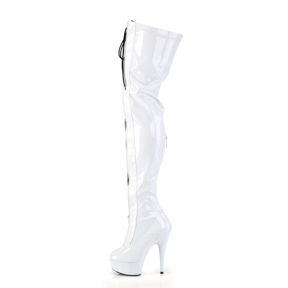 DELIGHT-3027 Pleaser Thigh High Boots Wht-Black Str. Pat/White Platforms (Exotic Dancing)