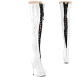 DELIGHT-3027 Pleaser Thigh High Boots Wht-Black Str. Pat/White Platforms (Exotic Dancing)