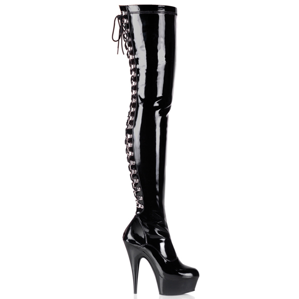 DELIGHT-3063 6" Heel Black Stretch Patent Pole Dancer Boots-Pleaser- Sexy Shoes