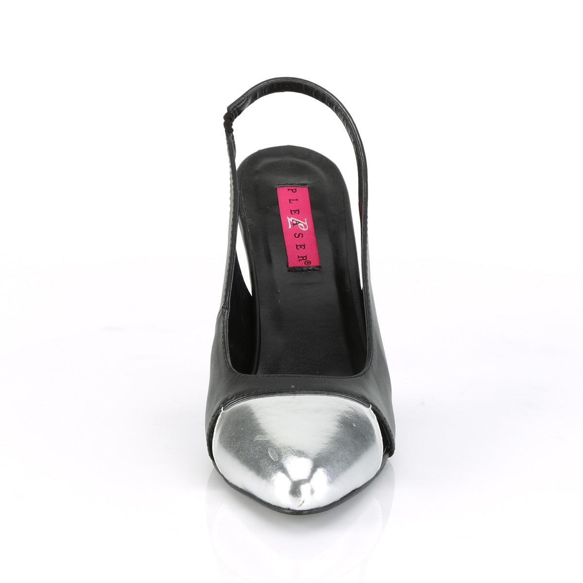 dream 405_pleaser_pink_label_single_soles_4_inch_heel_pleasers_black_faux_leather silver_metallic_pu
