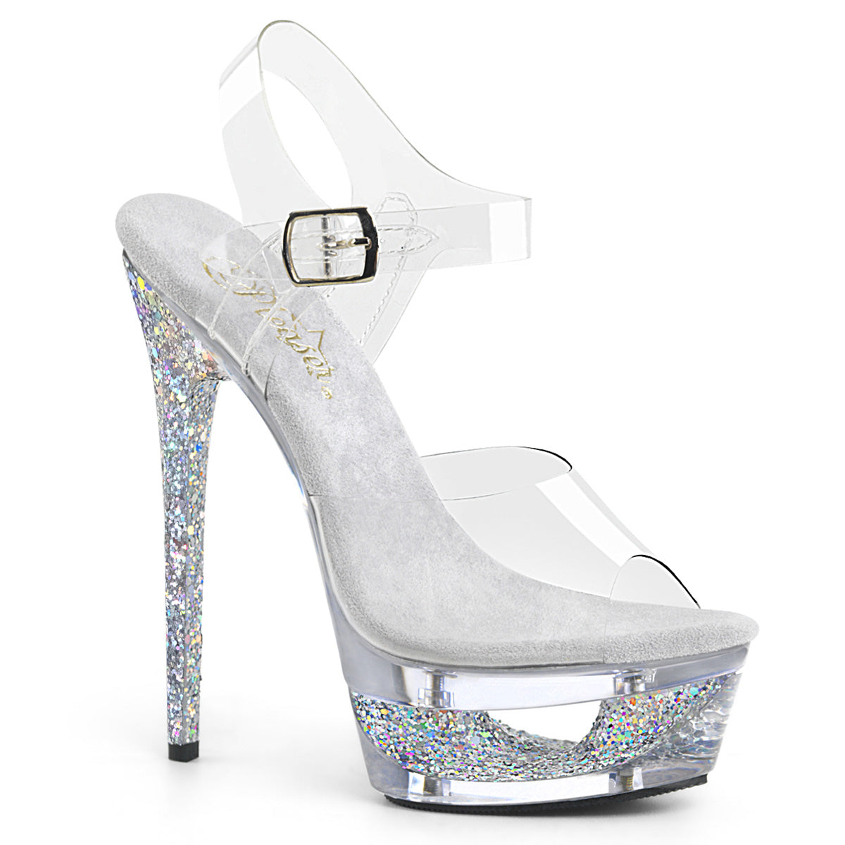 ECLIPSE-608GT 6.5" Heel Clear Silver Glitter Exotic Dancing Shoes
