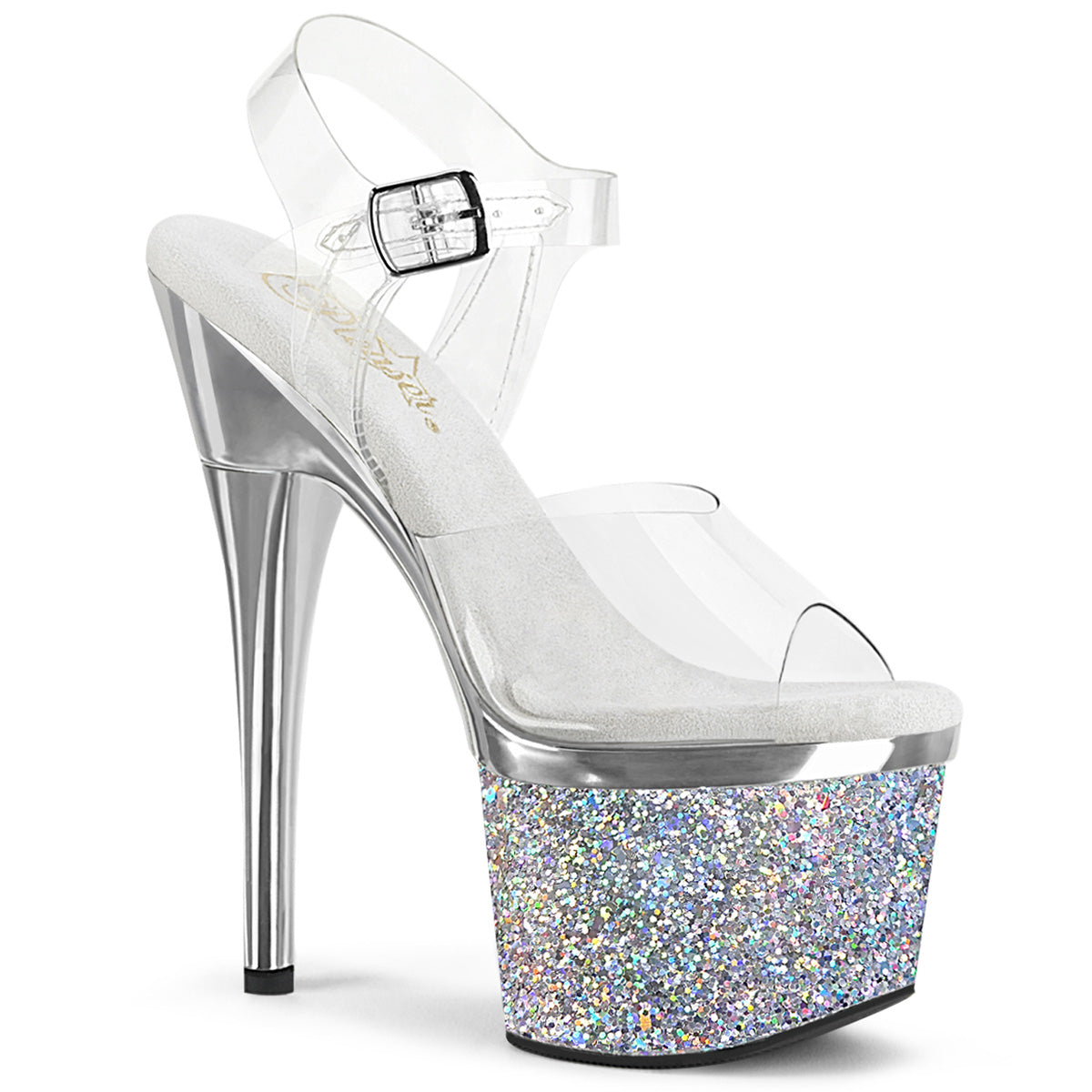 Esteem-708Chlg 7 "Heel Clear Silver Glitter Strippers Pantofi