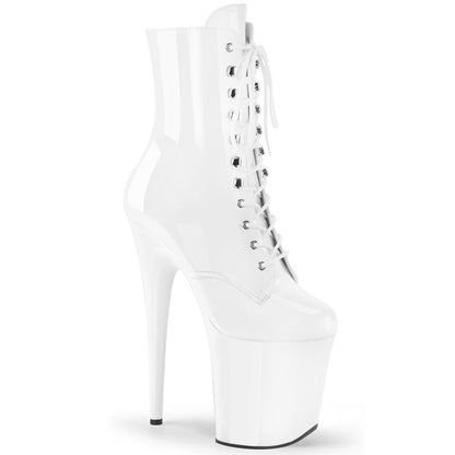 FLAMINGO-1020 Pleaser 8" Heel White Patent Stripper Platforms Ankle Boots