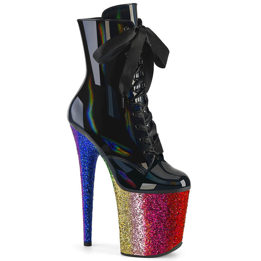 FLAMINGO-1020HG Pleaser Ankle/Mid-Calf Boots Black Holo Pat/Rainbow Glitter Platforms (Exotic Dancing)