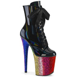 FLAMINGO-1020HG Pleaser Ankle/Mid-Calf Boots Black Holo Pat/Rainbow Glitter Platforms (Exotic Dancing)