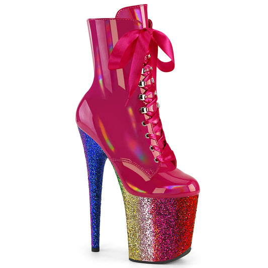 FLAMINGO-1020HG Pleaser Ankle/Mid-Calf Boots H. Pink Holo Pat/Rainbow Glitter Platforms (Exotic Dancing)