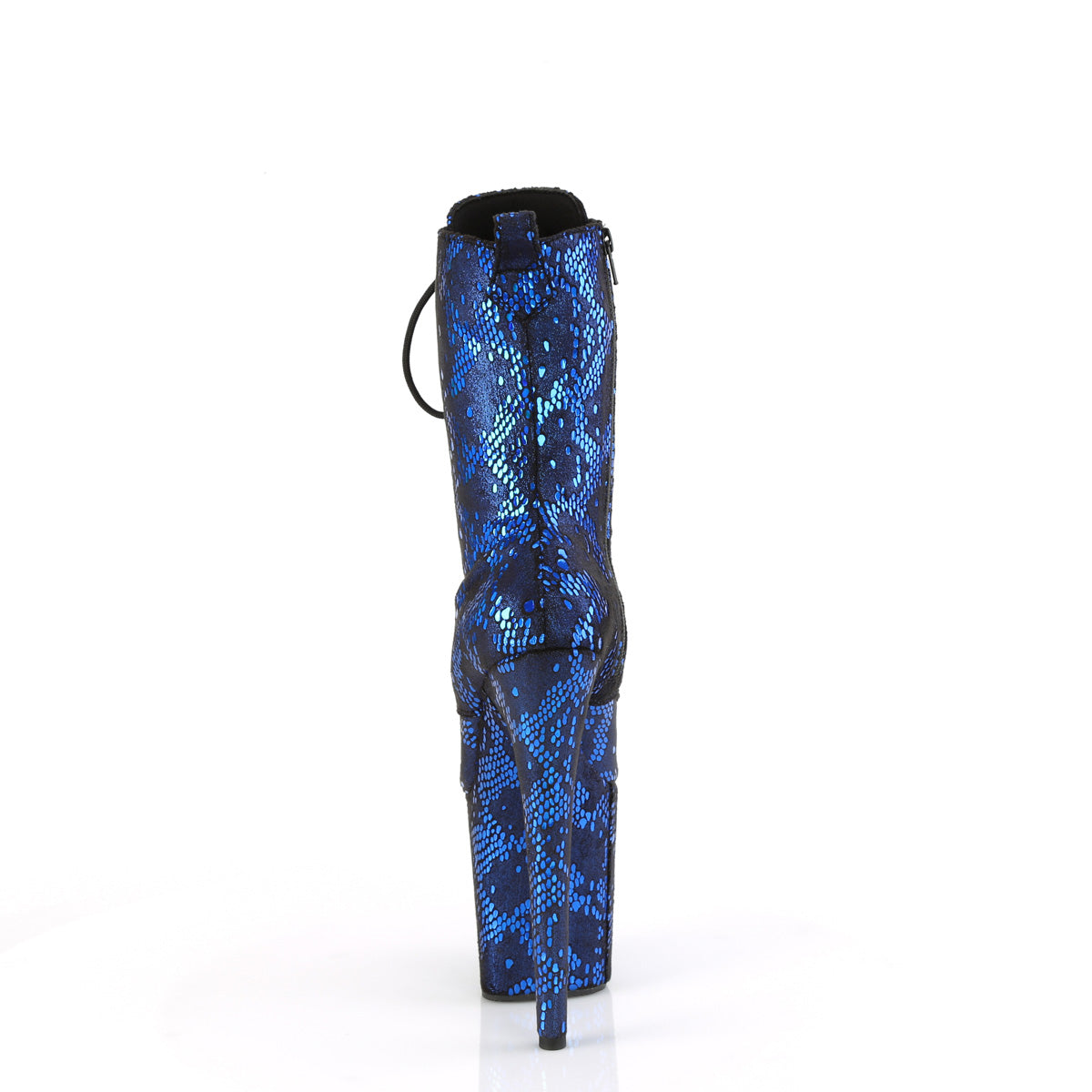FLAMINGO-1040SPF Pleaser 8 Inch Heel Blue Metallic Snake Print Ankle Boots