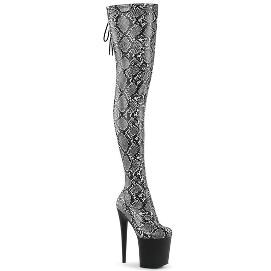 FLAMINGO-3008SP-BT Pleaser Grey Snake Print Thigh High Boots Exotic Dancing.