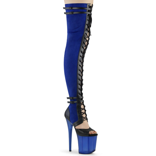 FLAMINGO-3027 Pleaser Thigh High Boots Blue Faux Suede-Black Faux Leather/Frosted Blue Platforms (Exotic Dancing)