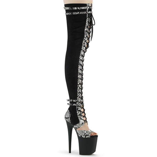 FLAMINGO-3027SP Pleaser Thigh High Boots Black Faux Suede-Snake Print Faux Le./Black Matte Platforms (Exotic Dancing)