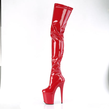 FLAMINGO-4000 Pleaser Crotch/Chap Boots Red Str. Pat/Red Platforms (Exotic Dancing)