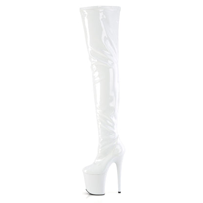 FLAMINGO-4000 Pleaser Crotch/Chap Boots White Str. Pat/White Platforms (Exotic Dancing)