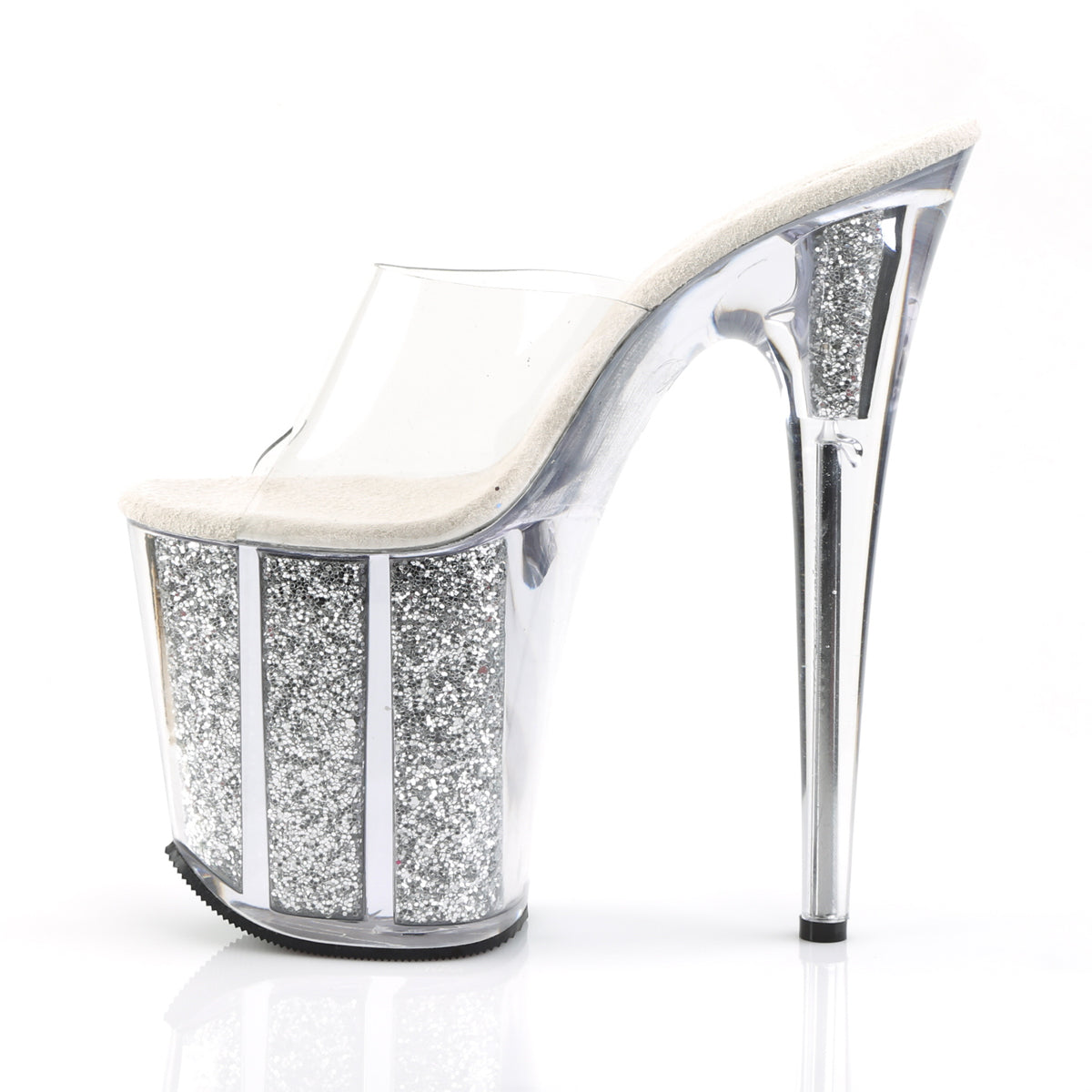 FLAMINGO-801G 8" Heel Clear Silver Glitter Strippers Shoes-Pleaser- Sexy Shoes Pole Dance Heels