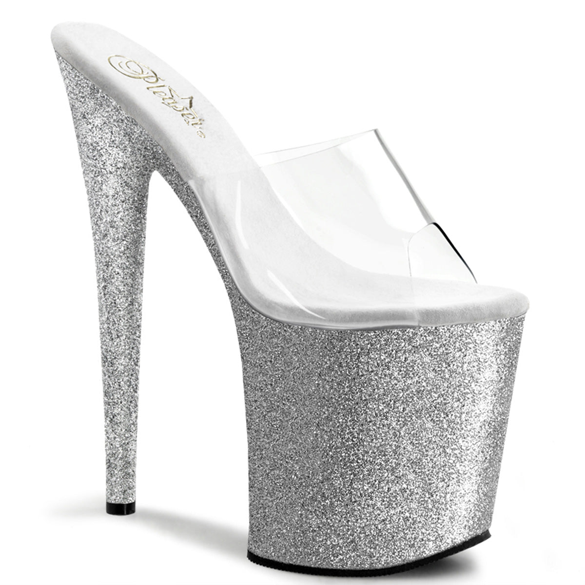 FLAMINGO-801SDG Pleasers 8" Heel Clear Silver Glitter Shoes