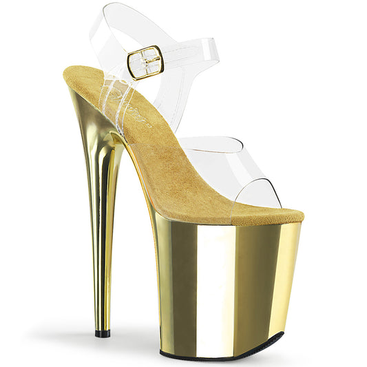 FLAMINGO-808 8" Clear and Gold Chrome Pole Dancer Platforms-Pleaser- Sexy Shoes