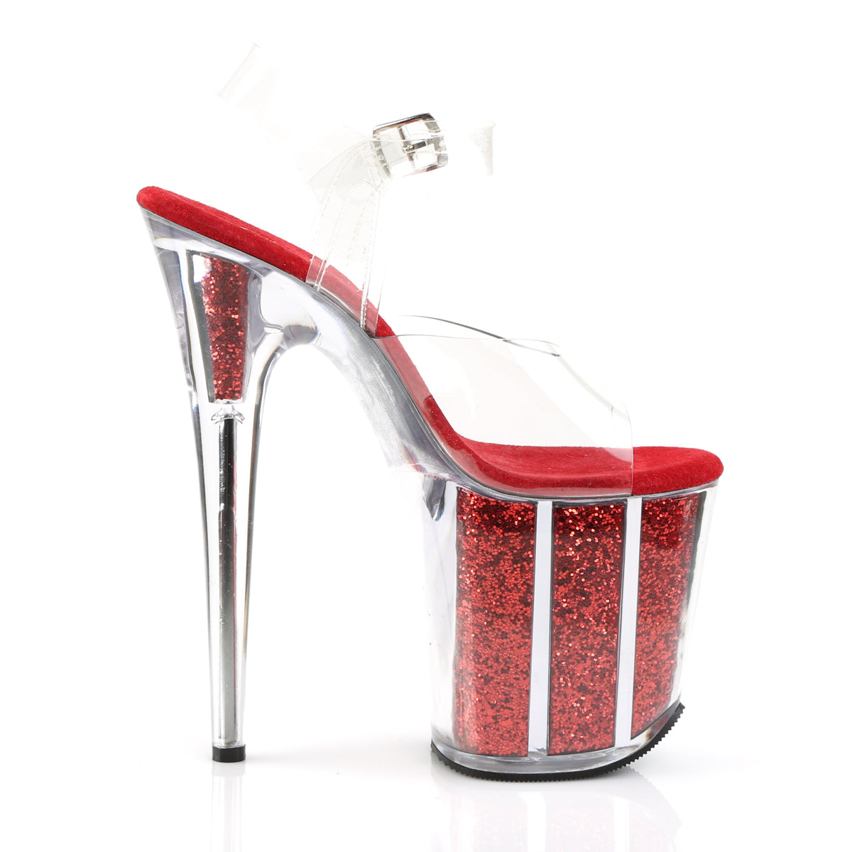FLAMINGO-808G 8" Heel Clear Red Glitter Pole Dance Platforms-Pleaser- Sexy Shoes Fetish Heels