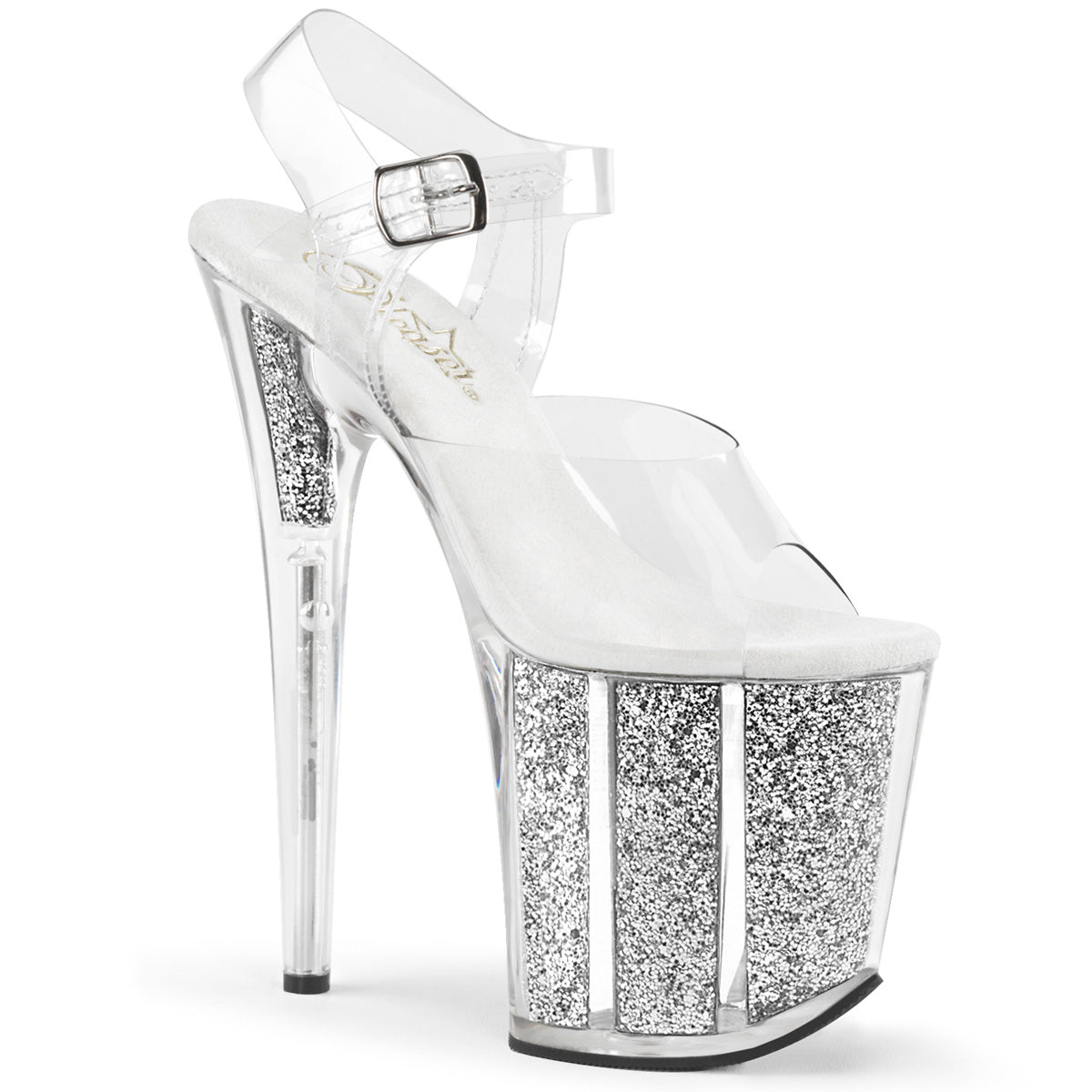 FLAMINGO-808G 8" Heel Clear Silver Glitter Strippers Shoes-Pleaser- Sexy Shoes