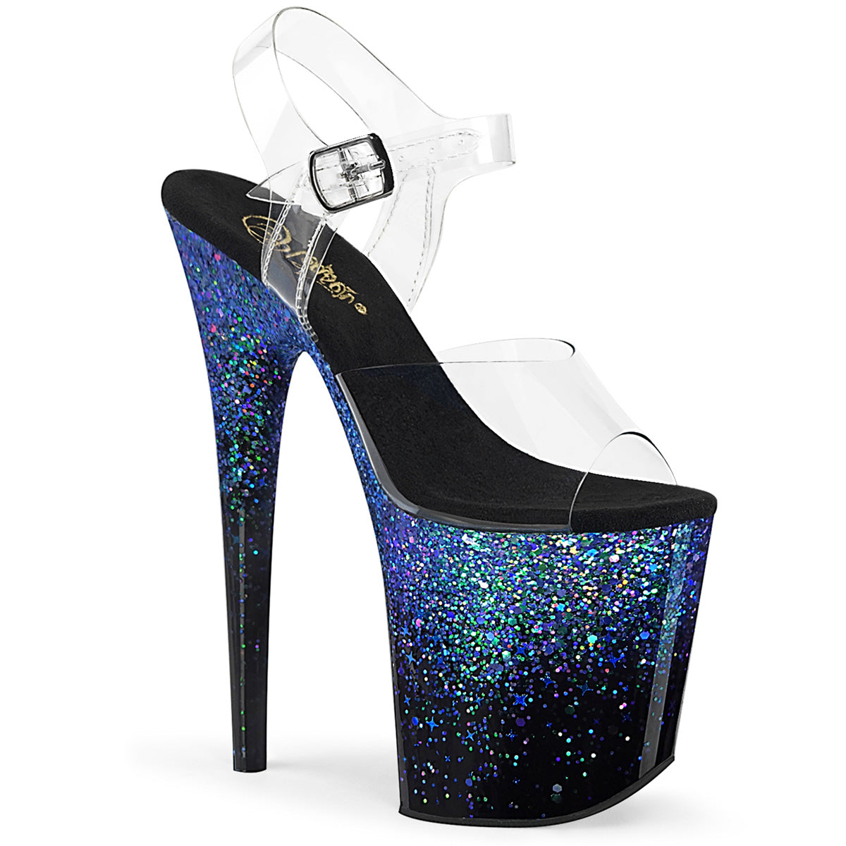 FLAMINGO-808SS 8" Heel Clear Black Blue Glitter Dance Shoes