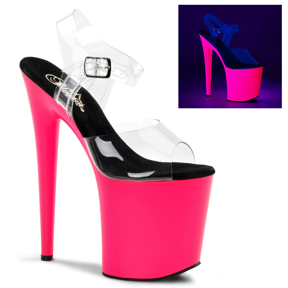 FLAMINGO-808UV 8" Heel Clear Neon Pink Pole Dancer Platforms-Pleaser- Sexy Shoes