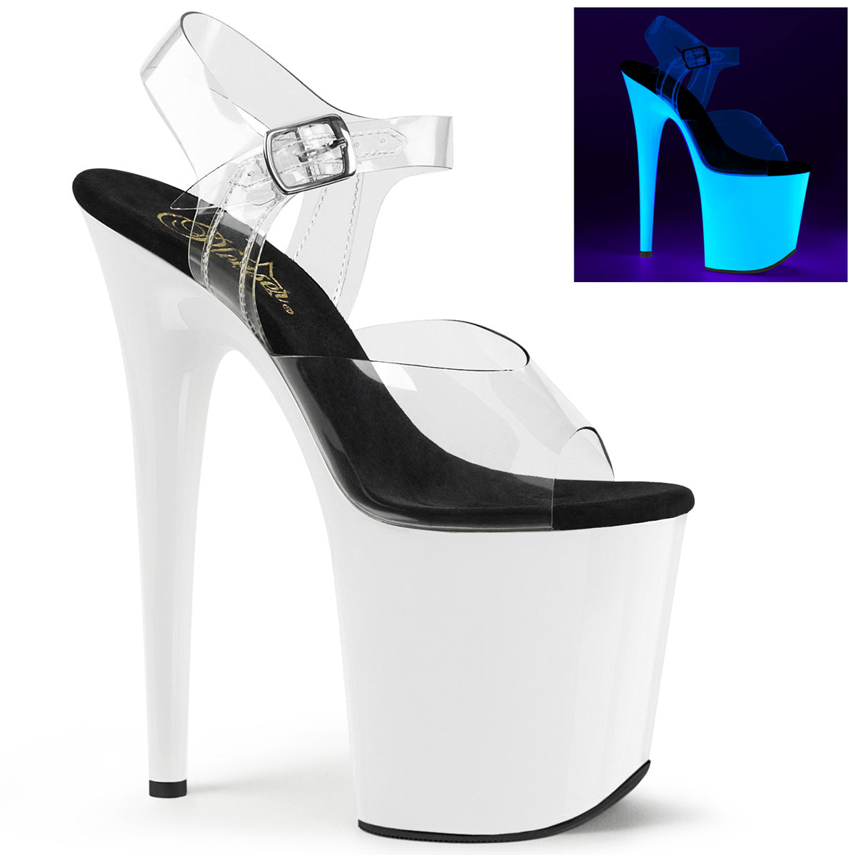 FLAMINGO-808UV 8" Heel Clear Neon White Pole Dancer Shoes
