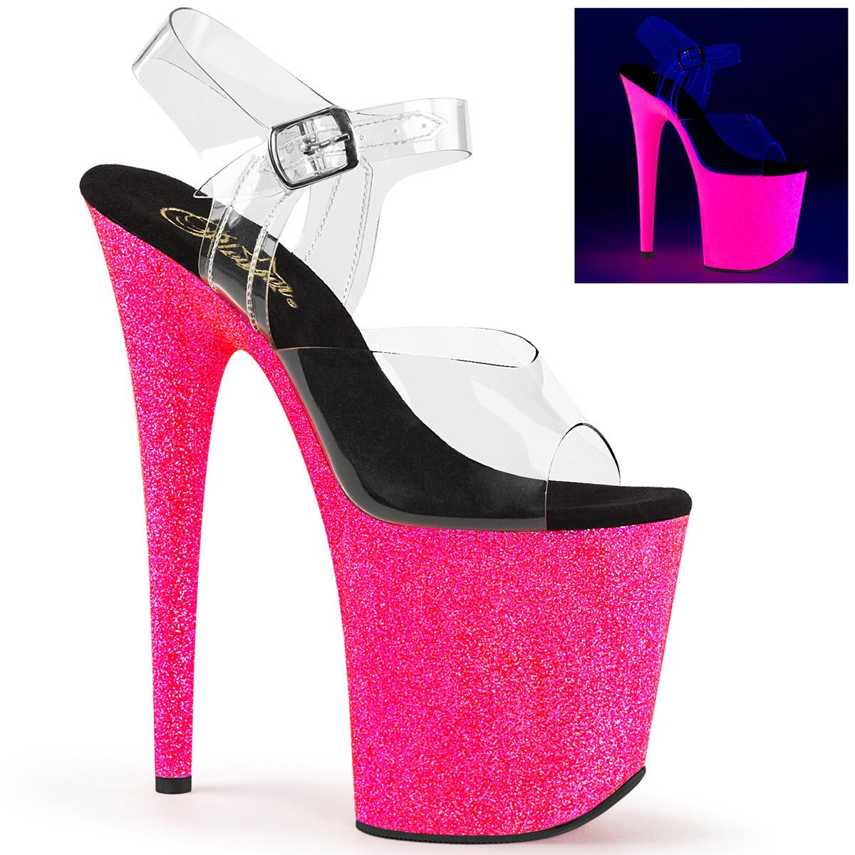 FLAMINGO-808UVG Sexy Shoes Clear Neon Pink Glitter Strippers-Pleaser- Sexy Shoes