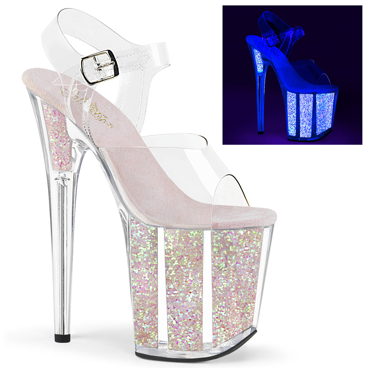 FLAMINGO-808UVG 8" Heel Clear Neon Glitter Exotic Dancing Shoes