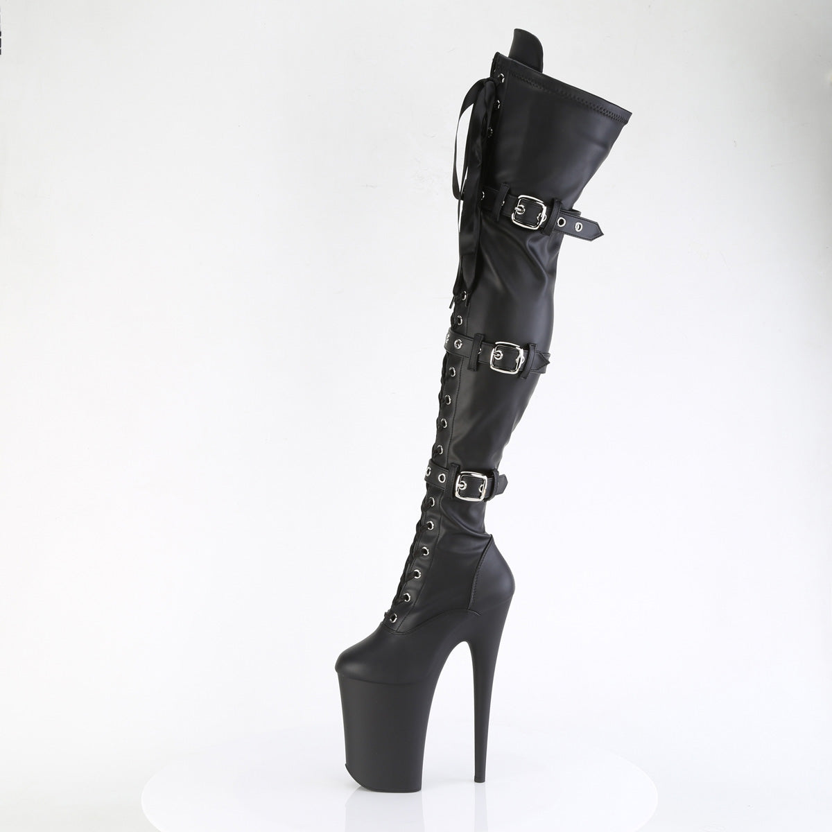 INFINITY-3028 Pleaser Fetish Black Thigh High Buckle Detail Thigh High Boots