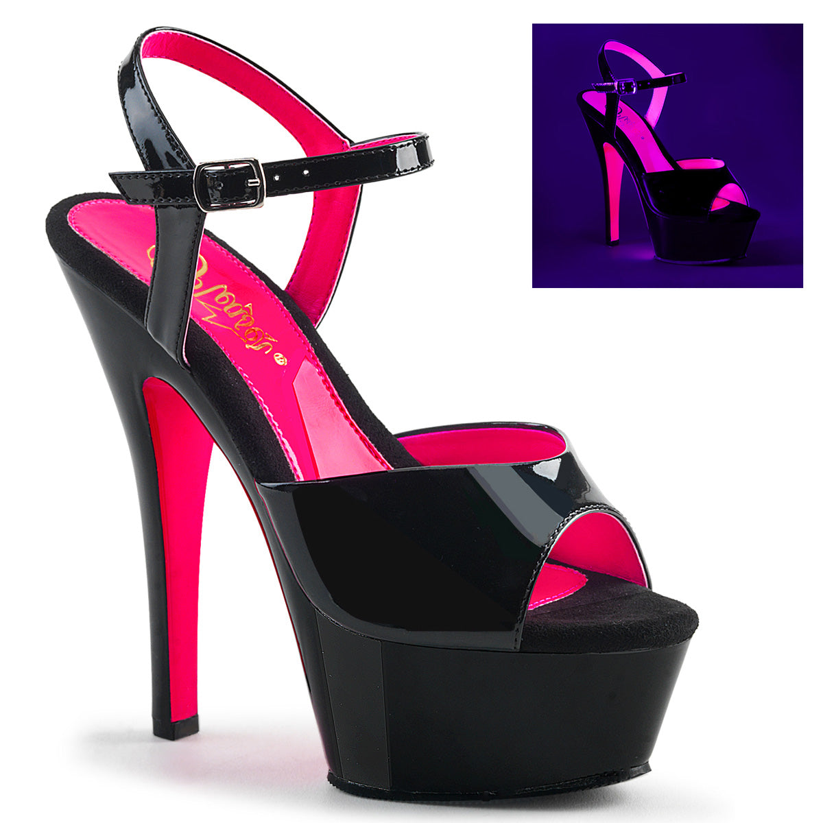 KISS-209TT 6" Heel Black Patent Hot Pink Pole Dancer Shoes