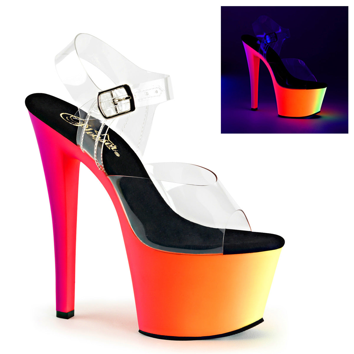 RAINBOW-308UV 7" Heel Clear Neon Multi Pole Dancer Platforms-Pleaser- Sexy Shoes