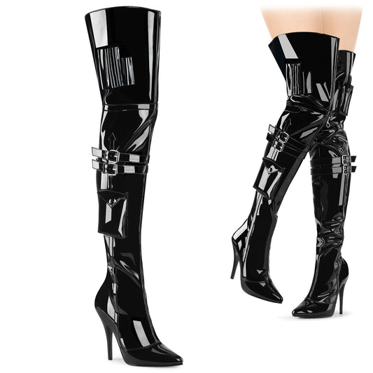 SEDUCE-3019 Pleaser Thigh High Boots Black Patent Single Soles