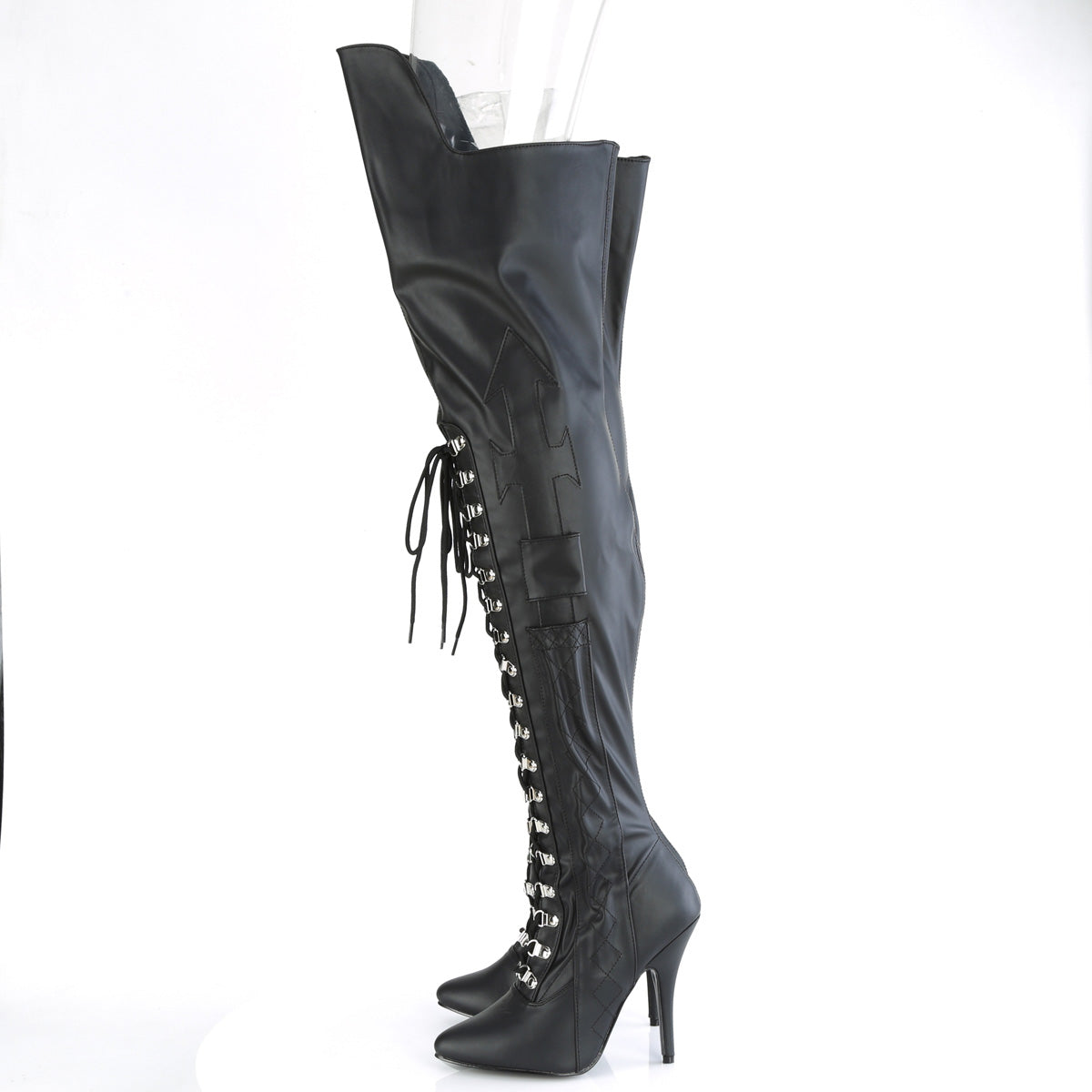 SEDUCE-3082 Pleaser Thigh High Boots Black Str. Faux Leather Single Soles