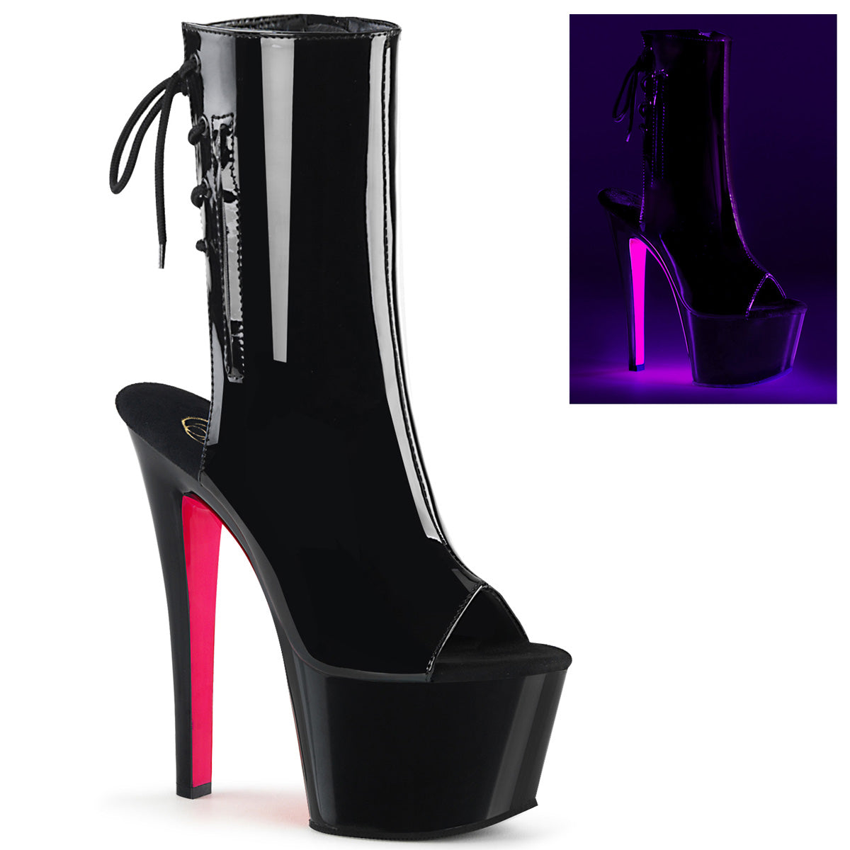 SKY-1018TT 7" Heel Black Patent Hot Pink Pole Dance Shoes