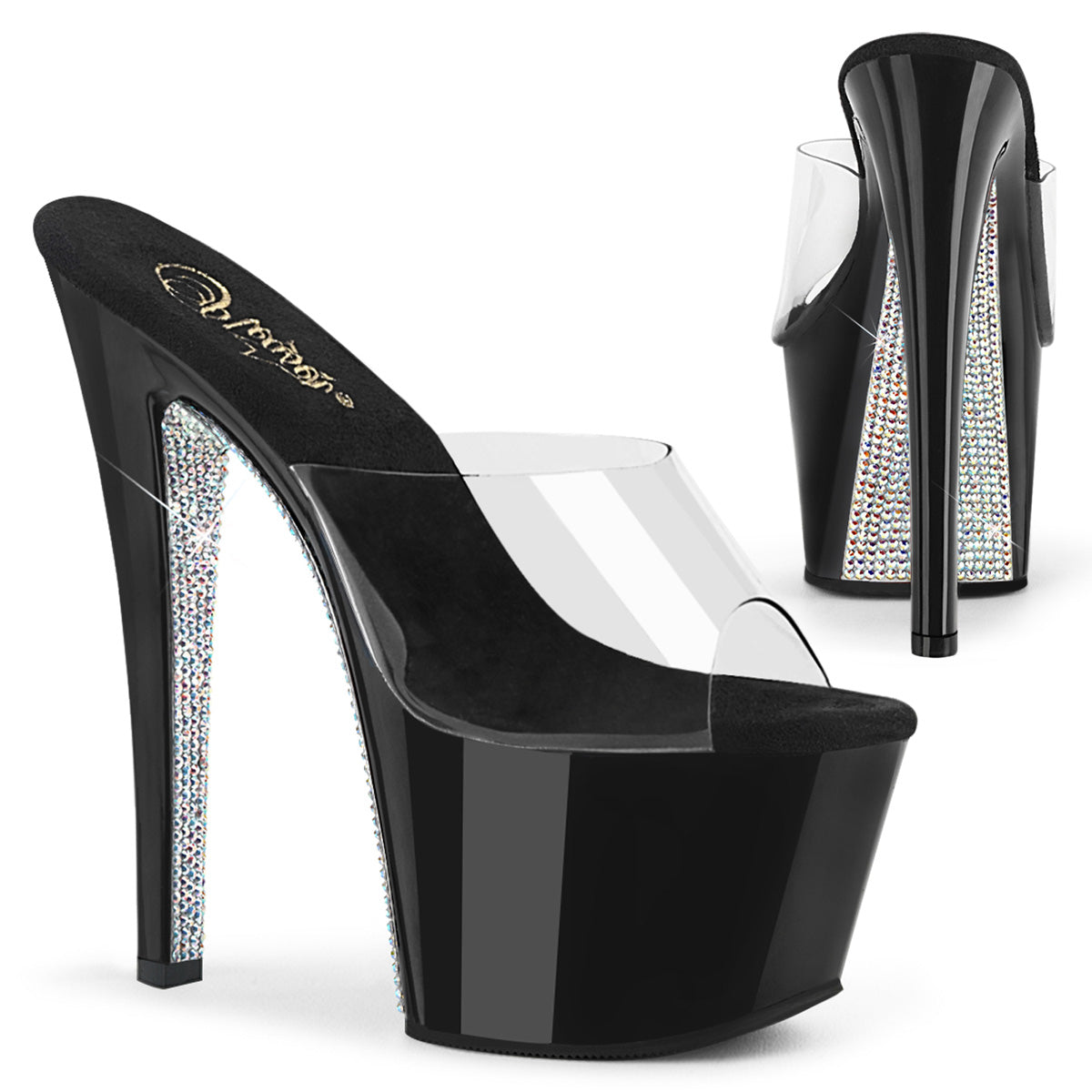 SKY-301CRS 7" Heel Clear & Black Silver Stripper Shoes
