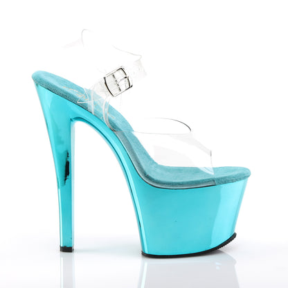 SKY-308 7" Clear and Turquoise Chrome Pole Dancer Platforms-Pleaser- Sexy Shoes Fetish Heels