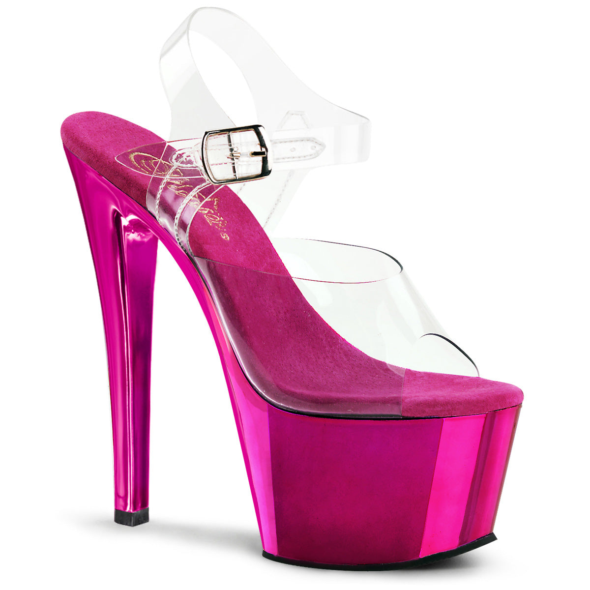 SKY-308 7" Heel Clear & Hot Pink Chrome Pole Dance Shoes