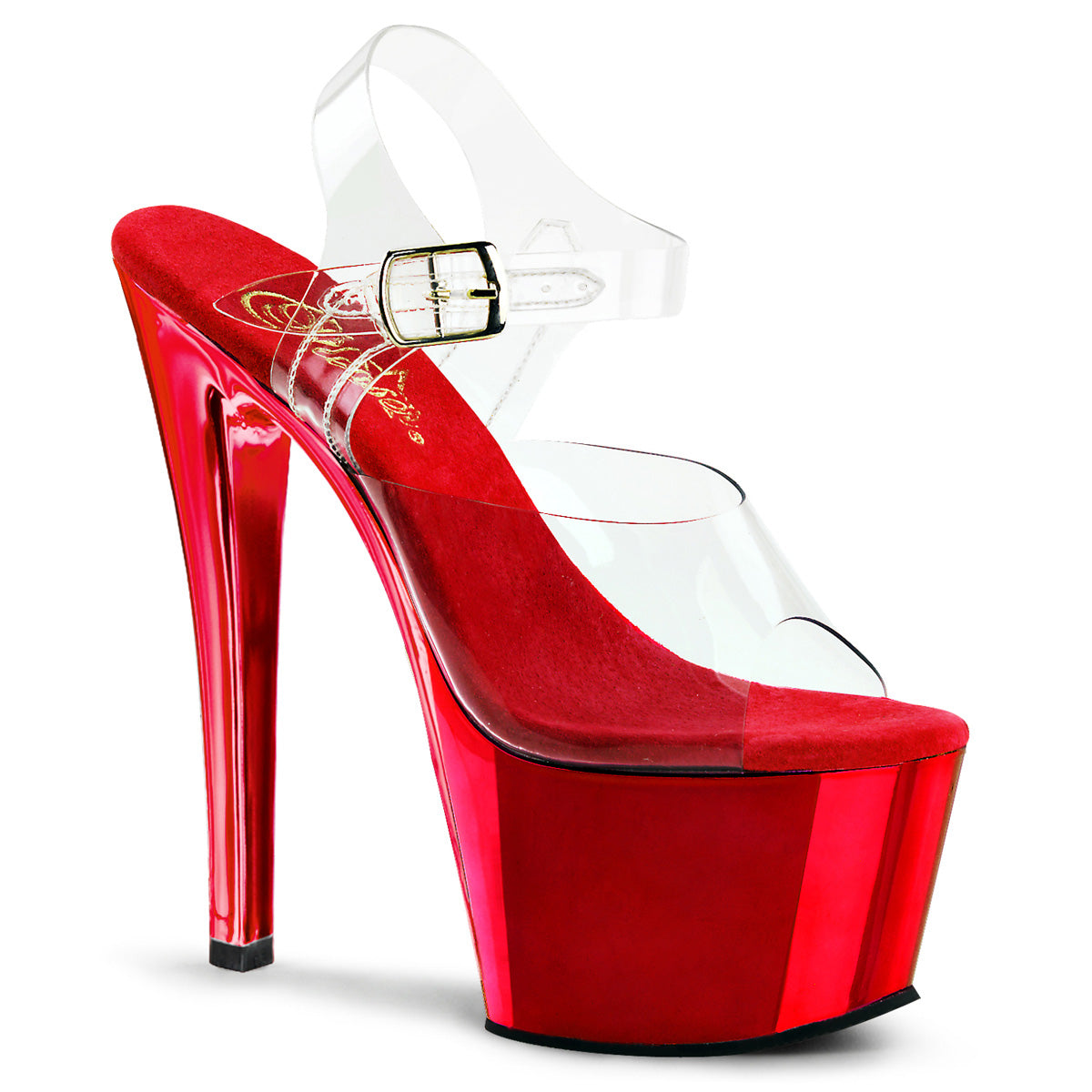 SKY-308 7" Heel Clear and Red Chrome Stripper Platforms High Heels