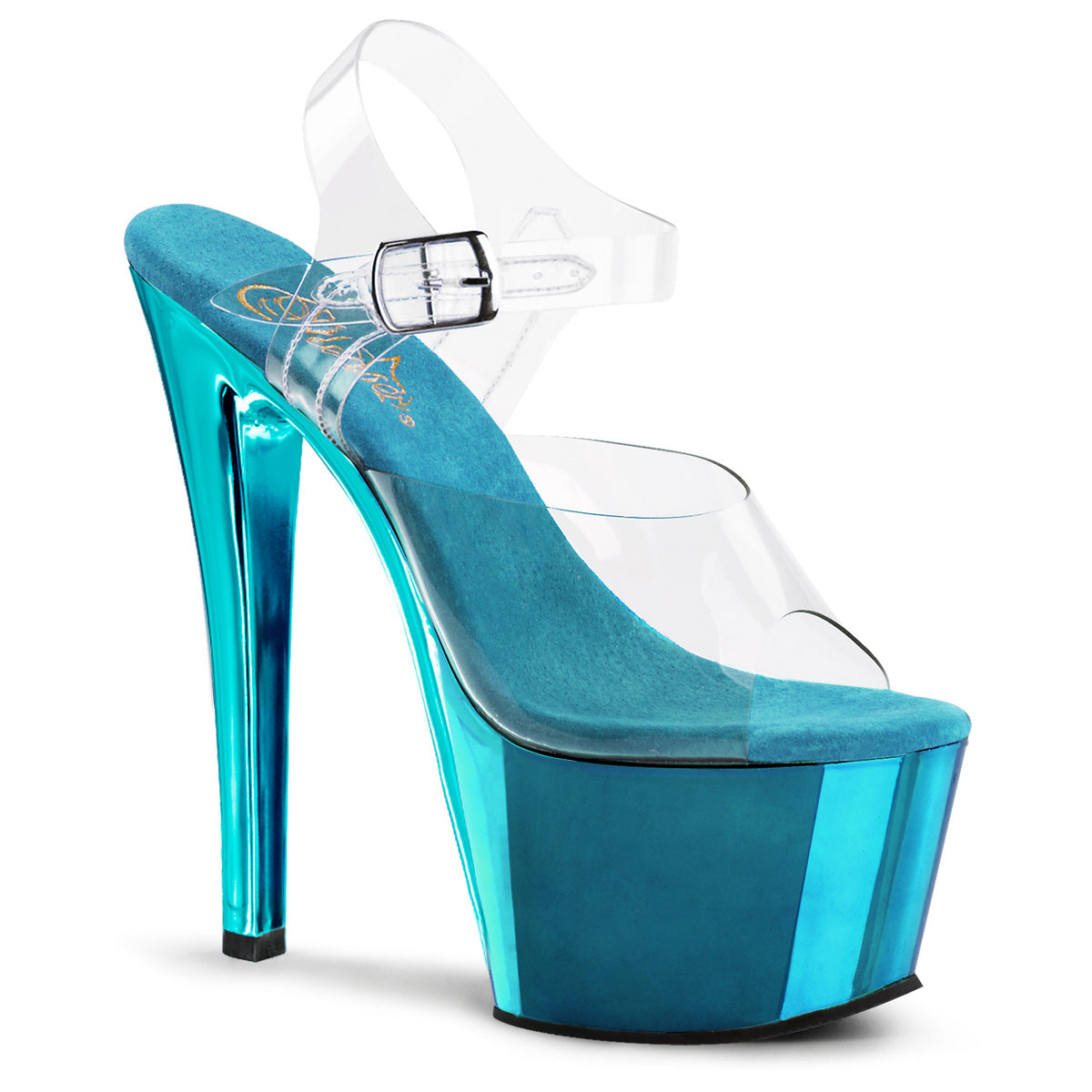 SKY-308 Sexy Shoes 7 Inch Clear and Turquoise Chrome Pole Dance Platforms
