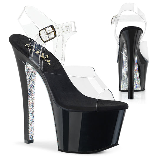 SKY-308CRS 7" Heel Clear & Black Silver Pole Dancer Sandals-Pleaser- Sexy Shoes