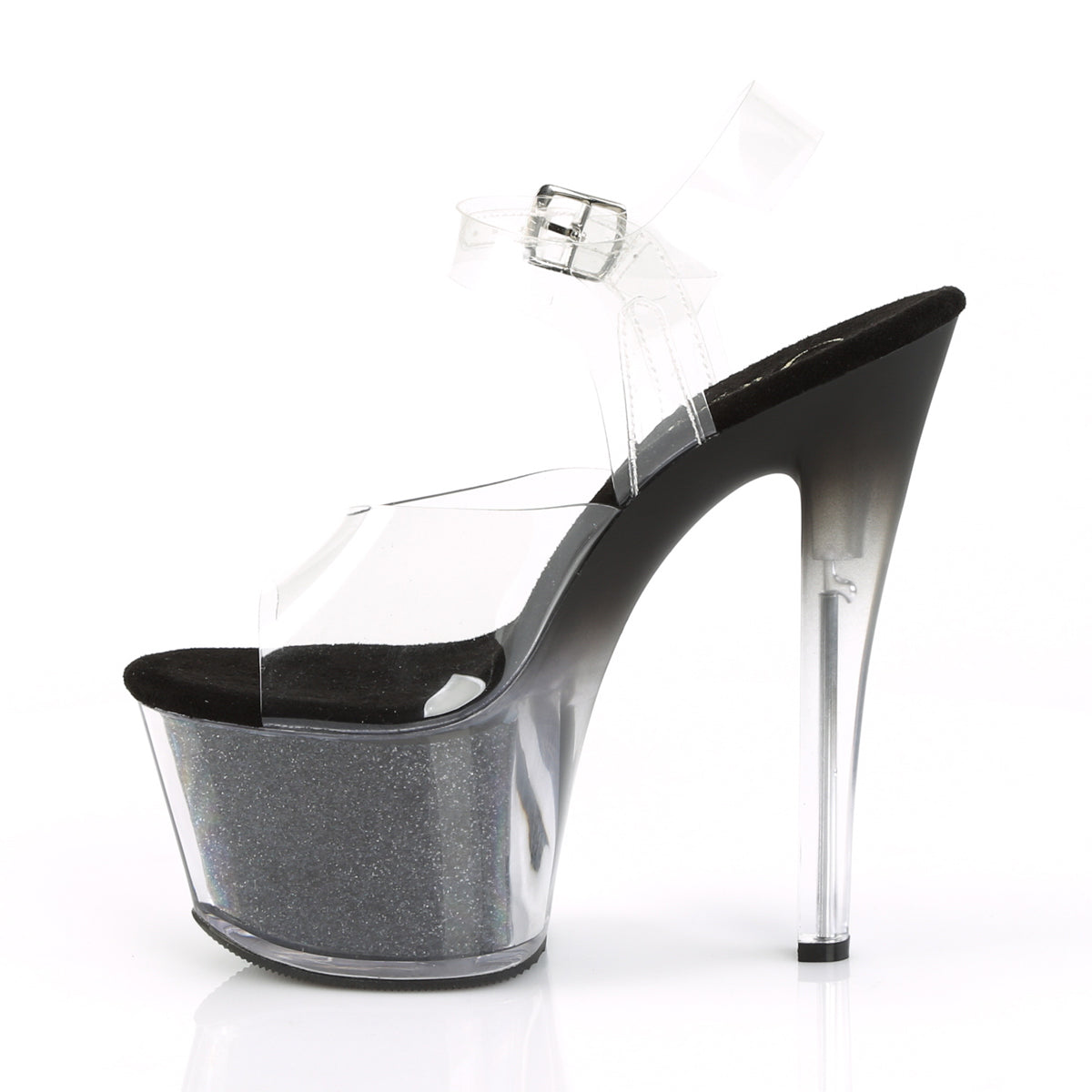 SKY-308G-T 7" Clear and Black Glitter Pole Dancer Platforms-Pleaser- Sexy Shoes Pole Dance Heels