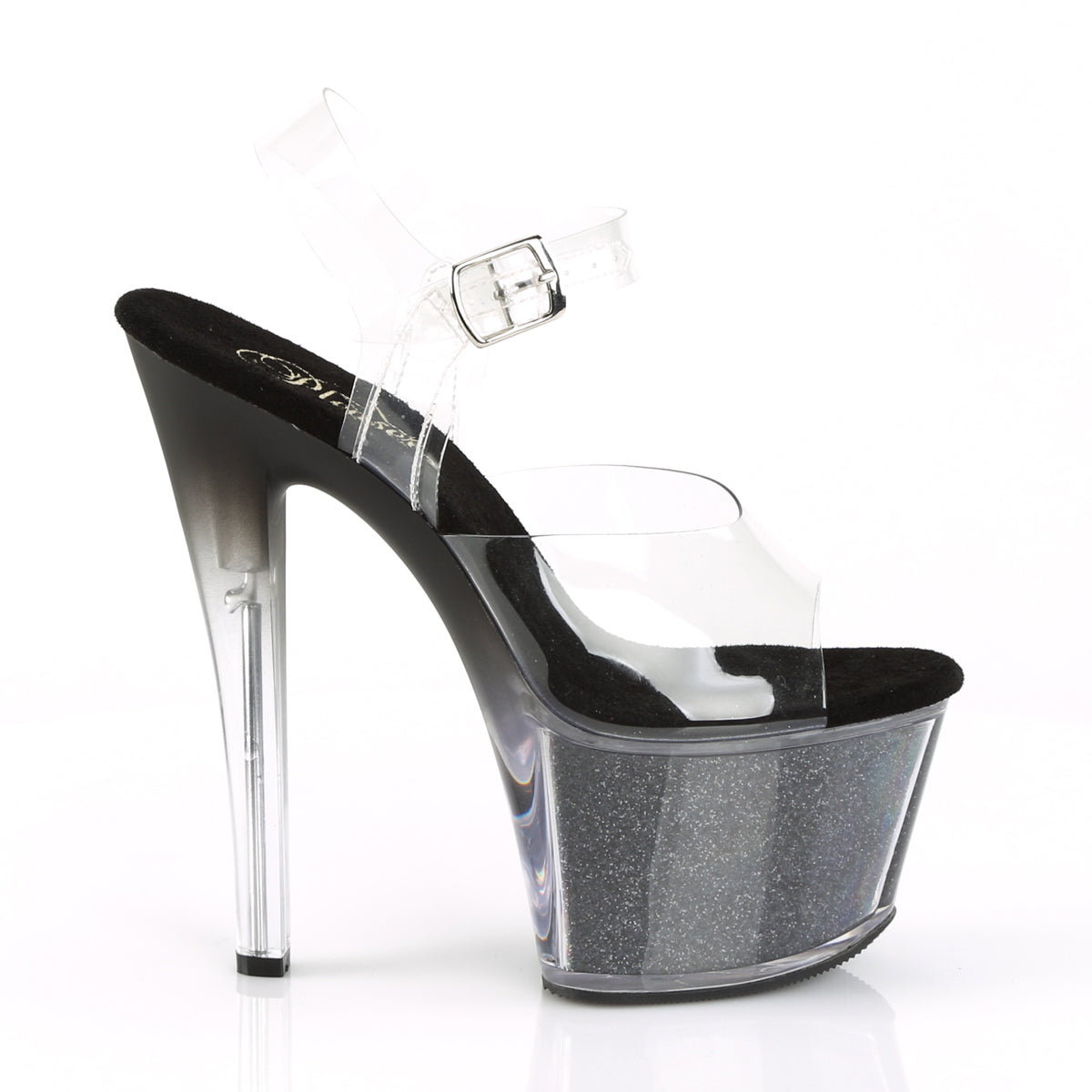 SKY-308G-T 7" Clear and Black Glitter Pole Dancer Platforms-Pleaser- Sexy Shoes Fetish Heels