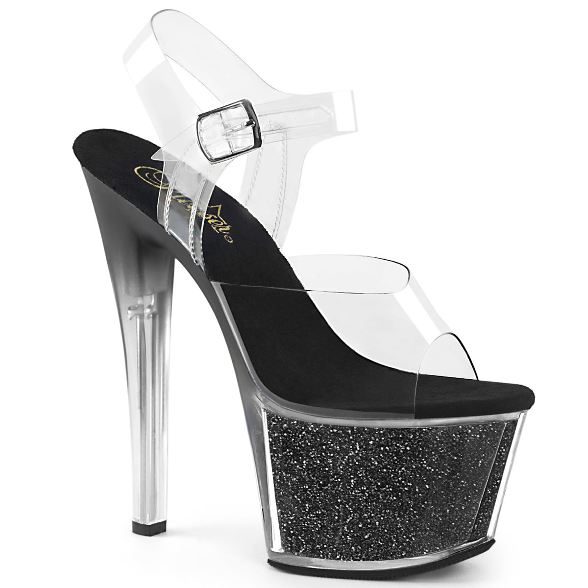 SKY-308G-T 7" Clear and Black Glitter Pole Dancer Platforms-Pleaser- Sexy Shoes