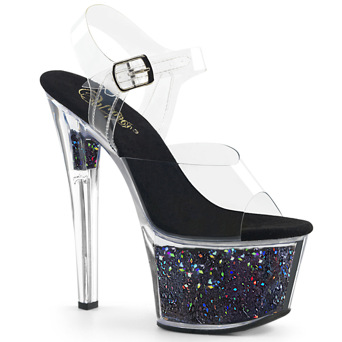 SKY-308GF Pleaser 7" Heel Clear Black Glitter Stripper Shoes-Pleaser- Sexy Shoes