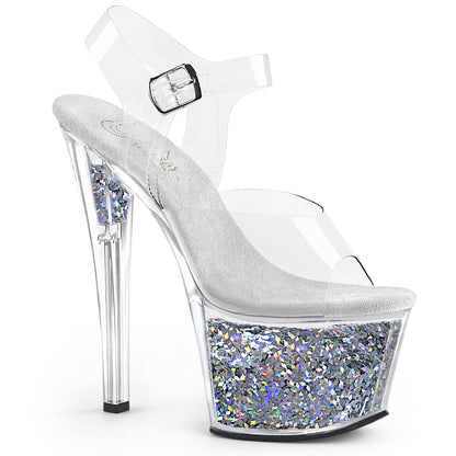 SKY-308GF Pleaser 7" Heel Clear Silver Glitter Stripper Shoe